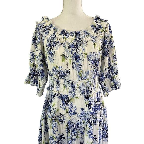 Soft Surroundings Rosana Linen Blend Floral Maxi Dress Size L Blue Tiered NWT - Picture 4 of 8
